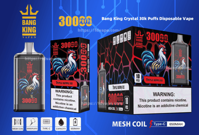 Promotional image of Bang King Crystal 30k Puffs Disposable Vape featuring the product packaging, highlighting the Triple Berry Ice flavor, mesh coil technology, a Type-C charging port, and a 650mAh battery capacity. Includes a nicotine health warning label.