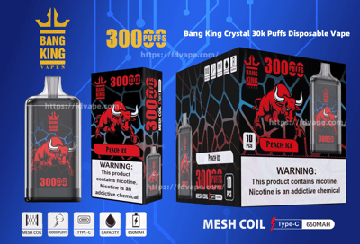 Promotional image of the Bang King Crystal 30,000 Puffs Disposable Vape in 'Peach Ice' flavor, featuring a red bull graphic, device specifications, and nicotine warning labels.