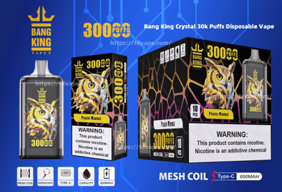 Product image showing the Bang King Crystal 30k Puffs Disposable Vape branding, "Peach Mango" flavor packaging featuring a vibrant owl design, and device details including mesh coil, Type-C charging, 650mAh capacity, and nicotine addiction warning.
