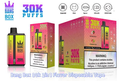 Bang Box 30K Puffs disposable vape with gradient pink/yellow packaging and lime-green bottle labeled 30K Puffs.