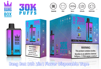 Bang Box 30K Puffs disposable vape with a blue-purple gradient, shown beside its matching packaging and 30K Puffs branding.