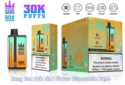 Bang Box 30K Puffs disposable vape kit with gradient orange-to-teal finish and flavors Blue Razz Ice and Strawberry Mango