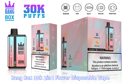 Bang Box 30K Puffs disposable vape with a pink gradient body and black mouthpiece, shown beside pastel packaging labeled Blueberry Ice and Peach Juice.