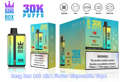 Bang Box 30K Puffs disposable vape with dual Strawberry Watermelon and Strawberry Kiwi flavors, shown with a bottle and turquoise packaging.
