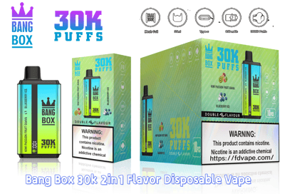 Bang Box 30K Puffs disposable vape with 2in1 Kiwi Passion Fruit Guava and Blueberry Ice flavors.