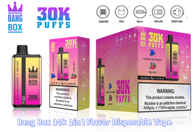 Bang Box 30K Puffs disposable vape packaging with gradient pink boxes, showing a berry flavor bottle and 30K Puffs branding.