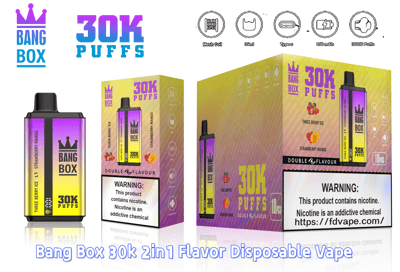 Bang Box 30K Puffs disposable vape with gradient purple to yellow packaging showing Three Berry Ice and Strawberry Mango.