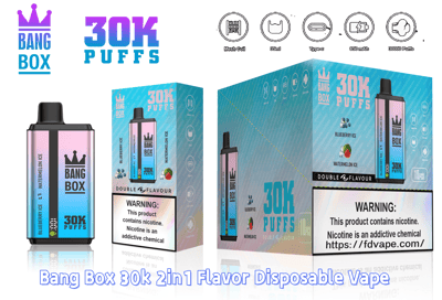 Bang Box 30K Puffs disposable vape with blue-pink gradient device and teal packaging, featuring blueberry ice and watermelon ice flavors