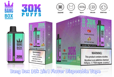 Bang Box 30K Puffs disposable vape with gradient purple packaging bottle, strawberry watermelon kiwi passion guava flavors.