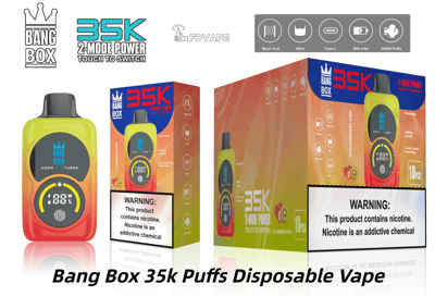 Bang Box 35k 使い捨て電子タバコは、黄色からオレンジ色のグラデーションデバイスと、2 モード出力と 35000 パフを示すパッケージを備えています。.