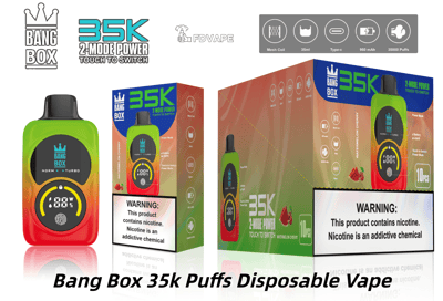 円形ディスプレイを備えた明るい緑色の Bang Box 35K 使い捨て電子タバコ。2 モード パワーとラベルされたカラフルなパッケージの横に表示されます。.