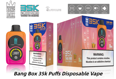 明るいグラデーションの Bang Box 35K 使い捨て電子タバコは、オレンジ ピンクのデバイスと 35K パフを示すパッケージを備えています。.