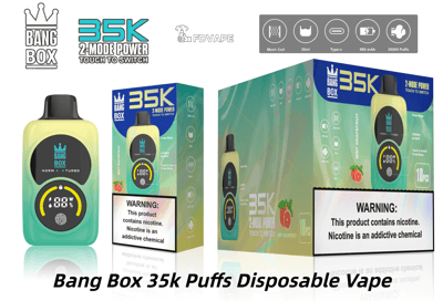 Bang Box 35k Puffs ミント グレープフルーツ風味の使い捨て電子タバコ; 青緑色のパッケージの横にある黄緑色のデバイス。.