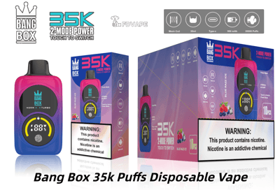ピンクと紫の Bang Box 35K 使い捨て電子タバコは、円形のデジタル ディスプレイを備え、グラデーションのパッケージとニコチンの警告が表示されます。.