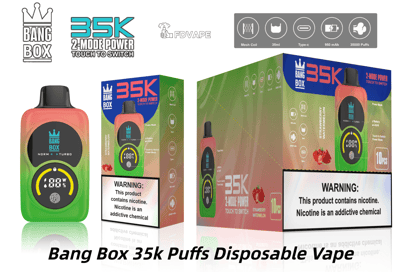 Bang Box 35k 使い捨て電子タバコは、緑からピンクへのグラデーションの本体、黒のマウスピース、ニコチンの警告が記載されたカラフルなパッケージが特徴です。.