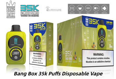 明るい黄色の Bang Box 35K 使い捨て電子タバコは、黒色のマウスピースとディスプレイを備え、パッケージとニコチン警告の横に表示されています。.