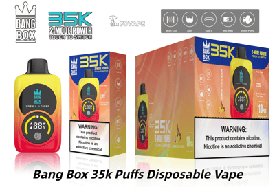 黒いマウスピースを備えた明るい黄色の Bang Box 35K 使い捨てベープ。2 モード電力、メッシュ コイル、Type-C、および 35,000 パフを強調するグラデーション パッケージで示されています。.