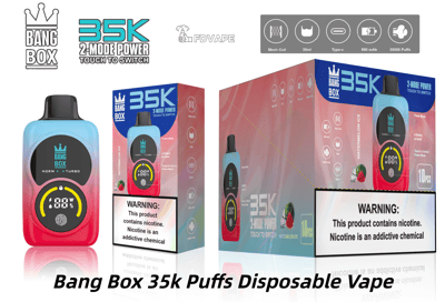 Bang Box 35k 使い捨て電子タバコは、青とピンクのグラデーションのデバイスと、35,000 回のパフと 2 モードのパワーを示すカラフルなパッケージを備えています。.