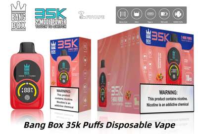 王冠のロゴが付いた Pink Bang Box 35k 使い捨て電子タバコは、2 モード パワーを備えた赤と青のパッケージの横に表示されています。.