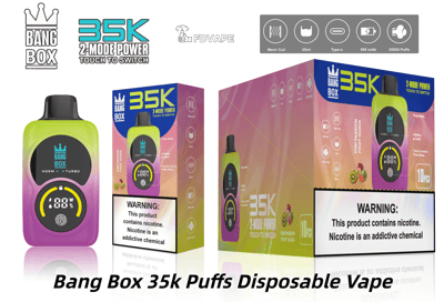 Bang Box 35k 使い捨て電子タバコ 35,000 パフとニコチン警告を強調したグリーンとピンクのグラデーションのボトルとパッケージ