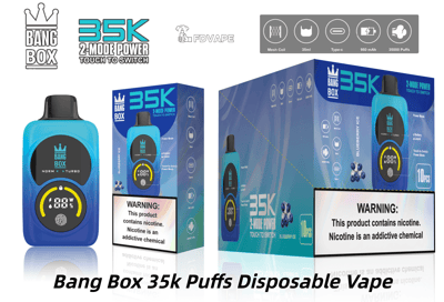 Blue Bang Box 35K 使い捨て電子タバコは、青色のボディと黒色のマウスピースを備え、35K および 2 モード電力を特徴とするパッケージで示されています。.