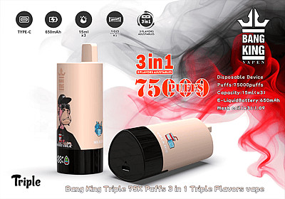 Produktwerbung für das Einweg-Vape-Gerät Bang King Triple mit 75.000 einstellbaren Zügen, einem 650-mAh-Akku und 3 x 15 ml Fassungsvermögen sowie drei einstellbaren Geschmacksrichtungen in einem eleganten Design.
