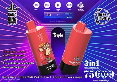 Werbebild, das das Einweg-Vape-Gerät Bang King Triple zeigt und dessen Kapazität von 75.000 Zügen, die dreifach einstellbaren Aromen von 15 ml, das Erdbeer-Donut-Design und die Kompatibilität mit Typ-C-Ladefunktion hervorhebt.