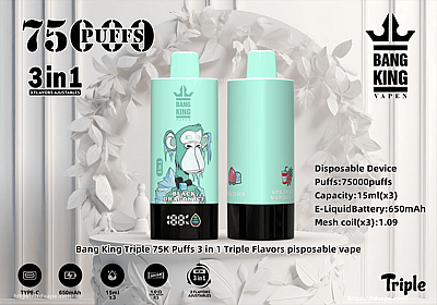 Werbebild, das Einweg-Vaporizer mit dreifachem Geschmack von Bang King zeigt, mit 75.000 Zügen, drei einstellbaren Geschmacksrichtungen, darunter Black Dragon Ice, Peach Ice und Strawberry Vanilla, und technischen Spezifikationen wie einem 650-mAh-Akku und 15 ml E-Liquid-Kapazität pro Geschmacksrichtung.