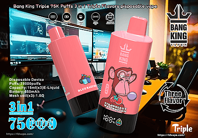 Bang King Triple 75000 75K Puffs Einweg-Vape-Stift 3 in 1 Aromen 0% 2% 3% 5% Nikotin 16Tastes Smart LED-Display Fabrik direkt