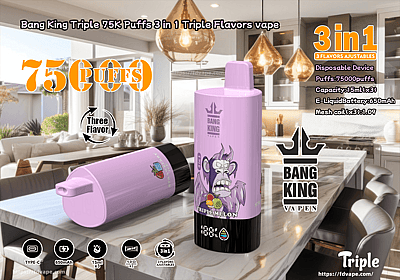 Werbebild für Bang King Triple 75K Puffs 3-in-1-Vape mit einem rosa Einweggerät mit Cartoon-Illustration und Branding, das insgesamt 75.000 Züge und drei einstellbare Geschmacksrichtungen bietet.