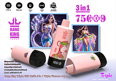 Werbebild, das das Einweg-Vape-Gerät Bang King Triple 75K Puffs mit 3-in-1 einstellbaren Aromen, einem 650-mAh-Akku und einem eleganten rosa Design mit aufgedruckten Grafiken sowie künstlerischen Illustrationen farbenfroher Figuren zeigt.