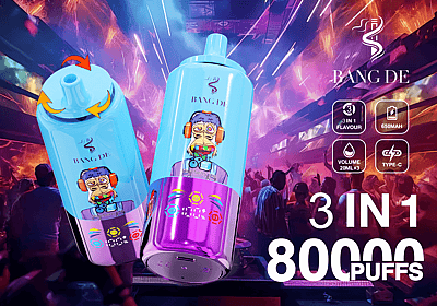 Imagen promocional que presenta dos coloridos dispositivos de vapeo de la marca 'Bang De' con una capacidad de 80.000 bocanadas, resaltados en un entorno vibrante tipo club con luces de neón y especificaciones del producto mostradas.