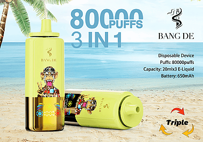 Imagen promocional de los dispositivos de vapeo desechables Bang De con 80.000 bocanadas, diseño 3 en 1 y diseños gráficos ilustrados sobre un fondo de playa.
