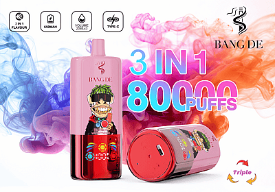 Anuncio de producto que muestra un dispositivo de vapeo electrónico rosa con un fondo de humo colorido, con la marca "Bang De", opción de sabor 3 en 1 y capacidad de 8000 bocanadas.