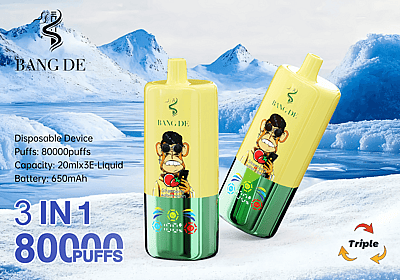 Imagen promocional de los dispositivos de vapeo desechables Bang De que presenta una ilustración creativa de un simio de caricatura y especificaciones del producto como cantidad de bocanadas y capacidad de la batería, con un fondo de montaña cubierta de nieve.