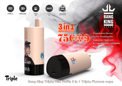 Pubblicità del prodotto per il dispositivo di svapo monouso Bang King Triple, dotato di 75.000 tiri regolabili, una batteria da 650 mAh e una capacità di 15 ml x3, con tre aromi regolabili presentati in un design elegante.
