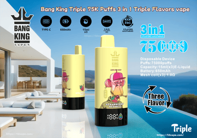 Immagine promozionale per il dispositivo di svapo Bang King Triple con 75.000 tiri, capacità di 15 ml per aroma e tre aromi personalizzabili, illustrato con disegni vivaci su uno sfondo di lusso all'aperto.
