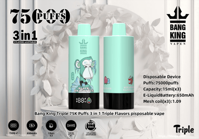 Immagine promozionale che mostra i dispositivi di svapo usa e getta Bang King Triple Flavored, con 75.000 tiri, tre gusti regolabili tra cui Black Dragon Ice, Peach Ice e Strawberry Vanilla, con specifiche tecniche come batteria da 650 mAh e capacità di e-liquid di 15 ml per gusto.