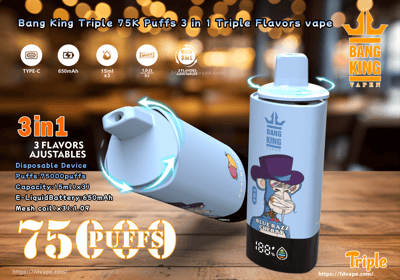 Bang King Triple 75000 75K Puffs Penna per svapo monouso 3 in 1 Aromi 0% 2% 3% 5% Nicotina 16 Gusti Display LED intelligente Diretto dalla fabbrica