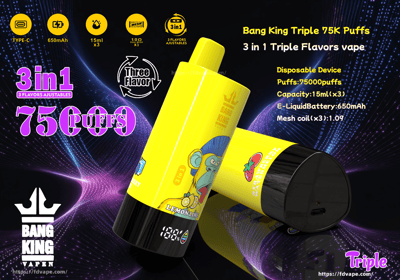 Immagine promozionale per la sigaretta elettronica usa e getta Bang King Triple 75K Puffs, caratterizzata da un design giallo brillante con opzioni multi-aroma, capacità di 75000 tiri, batteria da 650 mAh e specifiche dettagliate del prodotto ben visibili.
