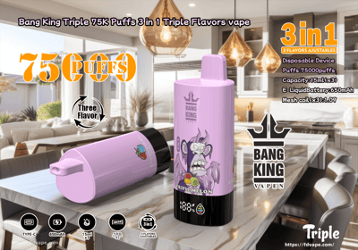 Immagine promozionale per il vaporizzatore 3 in 1 Bang King Triple 75K Puffs, caratterizzato da un dispositivo monouso rosa con illustrazione e marchio in stile fumetto, che offre 75.000 tiri totali e tre aromi regolabili.