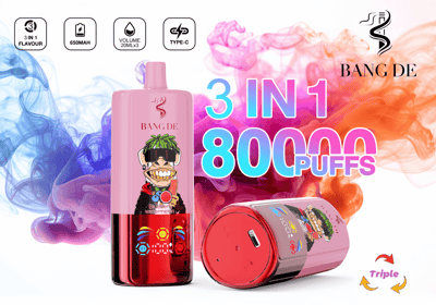 Produktwerbung, die ein rosafarbenes elektronisches Vaping-Gerät mit buntem Rauchhintergrund, „Bang De“-Branding, 3-in-1-Geschmacksoption und einer Kapazität von 8.000 Zügen zeigt.