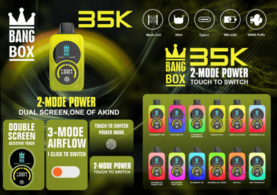明るい黄色の Bang Box ハンドヘルド電源デバイス、王冠ロゴ、35K 2 モード パワー、カラフルな VAPE ボトルのバリエーションが付いています。.