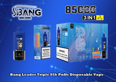 Advertentie met de Bang Leader Triple 3-in-1 wegwerp-vape, gelabeld als 85.000 trekjes met een nicotinewaarschuwing op een blauwe achtergrond.