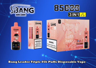 Promotie-afbeelding voor Bang Leader Triple 85k Puffs Disposable Vape in roze verpakking, met een cartoon-aap en smaken zoals Coke Ice, Apple Peach en Pink Lemonade, met een nicotine-waarschuwingslabel.