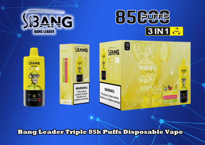 Promotie-afbeelding voor de Bang Leader 85.000 Puffs wegwerp-vape met de smaak bananenijs, op de verpakking met de nadruk op de 3-in-1-functie en een nicotinewaarschuwing.