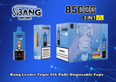 Advertentie voor Bang Leader Triple 85k Puffs Disposable Vape met een blauwe verpakking met cartoonillustraties en smaken zoals Blueberry Ice, Blue Razz en Fragrant Pear.