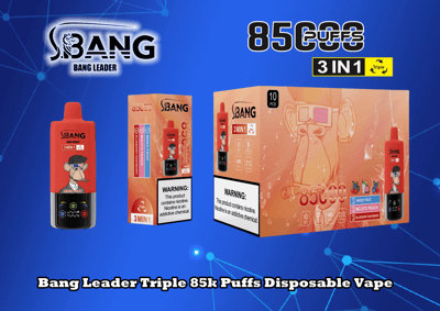 Promotie-afbeelding voor Bang Leader Triple 85k Puffs Disposable Vape met een rood vape-apparaat, verpakking met nicotinewaarschuwing en de tekst '85000 Puffs' en '3 IN 1'.