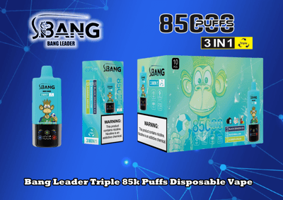 Promotie-afbeelding voor Bang Leader Triple 85k Puffs Disposable Vape met een turquoise vape-apparaat en verpakking, versierd met een cartoonaap die een voetbal vasthoudt en met drie smaken: Black Dragon Ice, Marshmallow en Summer Dream, inclusief een nicotinewaarschuwingslabel.