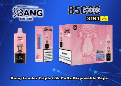 Advertentie voor Bang Leader Triple 85k Puffs Disposable Vape met productverpakking en nadruk op een capaciteit van 85.000 trekjes en drie-in-één-smaken zoals aardbei, banaan en zwarte bes.